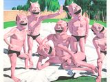 un tableau représentant un groupe d'hommes nus posant pour une photo