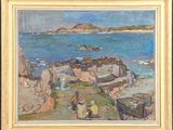 an oil painting of a beach scene with people sitting on the rocks