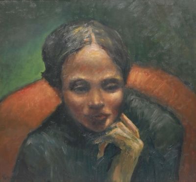 painting of a woman sitting in a chair with her hand on her chin