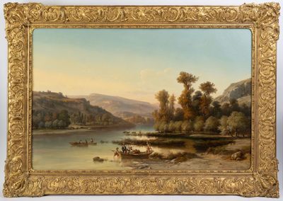 an image of a painting of a river scene with people on a boat