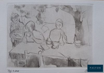 dessin représentant un groupe de personnes assises autour d'une table avec un plat de nourriture