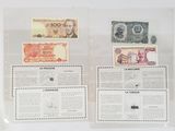 three different types of paper money on display in a display case