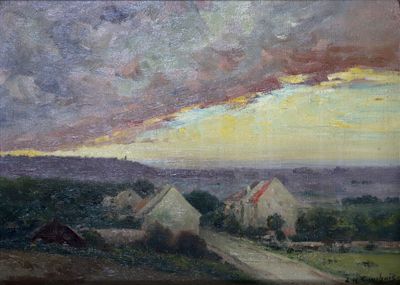 une peinture à l'huile représentant un coucher de soleil sur une ferme et une route