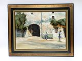 painting of a man sitting on a bench in front of a building
