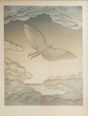 tableau représentant un oiseau volant au-dessus d'un plan d'eau sous un ciel nuageux