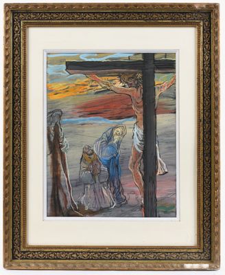 une peinture à l'huile représentant Jésus sur la croix entouré d'un groupe de personnes