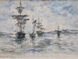 an image of a painting of three ships in a body of water