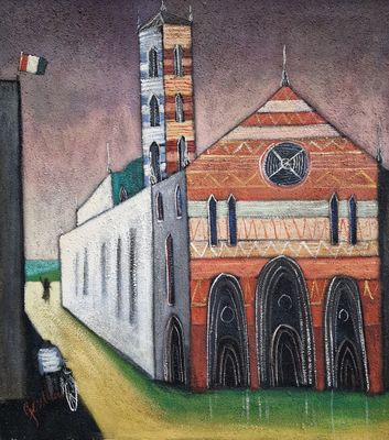 a painting of a building with a clock on it