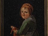 painting of a young girl holding a bird in a window sill