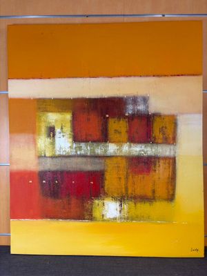 peinture abstraite composée de blocs orange et jaunes sur un fond jaune
