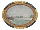 tableau représentant un bateau sur un plan d'eau, avec des bâtiments en arrière-plan