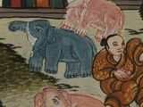 a picture of a painting of a man and a woman with elephants