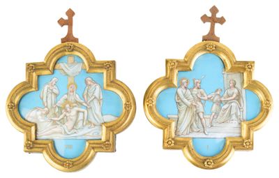 paire de plaques murales dorées et bleues représentant la Cène de Jésus