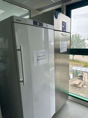 un réfrigérateur dans un coin d'une pièce dotée d'une grande fenêtre