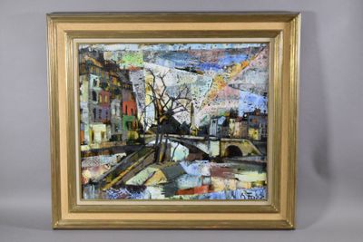 une image représentant une peinture d'un paysage urbain avec un pont au premier plan
