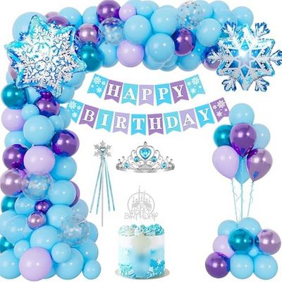 une fête d'anniversaire aux couleurs bleu et violet, avec des ballons et des décorations