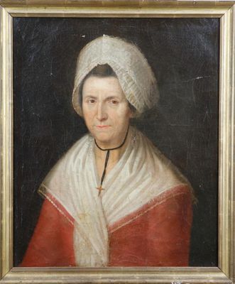 an old painting of a woman in a red and white dress
