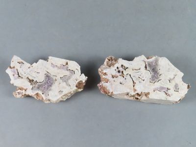 deux morceaux de roche blanche et marron sur une surface grise