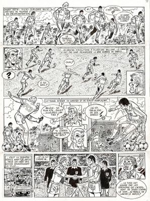 une page en noir et blanc tirée d'une bande dessinée, sur laquelle on voit plusieurs personnes en train de jouer au football