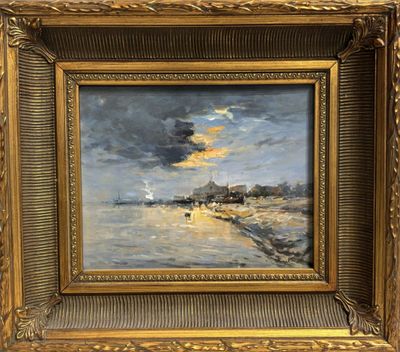 a painting of a beach scene with a boat in the water