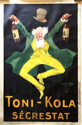 an old poster of a man in a suit and top hat holding a bottle of wine