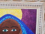 a picture of a painting of a woman with a sun in the background