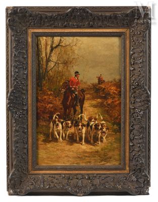 an oil painting of a man on a horse with a pack of dogs