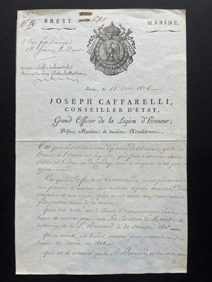 an old document with a black and white image of a coat of arms on it