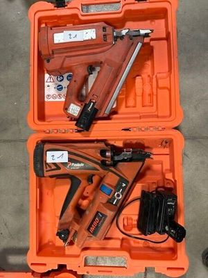 an orange tool box with a stapler, stapler, nailer, and stapler in it