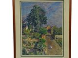 a painting of a garden scene with a house in the background