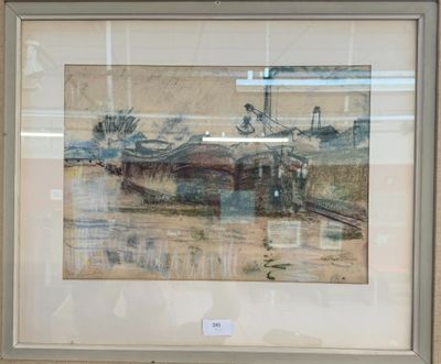 framed picture of a painting of a train on display in a museum