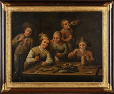 tableau représentant un groupe d'enfants assis autour d'une table en train de manger