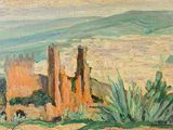 une peinture à l'huile représentant un paysage désertique avec des cactus et des montagnes en arrière-plan