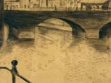 un dessin représentant un pont enjambant une rivière, avec des bâtiments en arrière-plan
