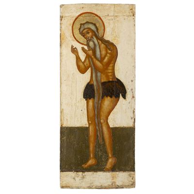 un vieux tableau représentant un homme tenant un bâton et un serpent