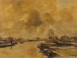 une image représentant un tableau où l'on voit une rivière avec des maisons au loin