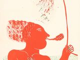 drawing of a woman blowing bubbles with a stick in her hand