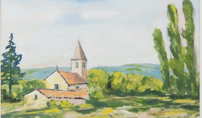 une peinture à l'huile représentant une église sur une colline avec des arbres au premier plan