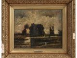 un tableau représentant un paysage avec des arbres et un plan d'eau