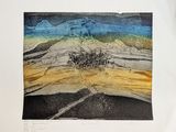 a picture of a picture of a landscape with a mountain in the background