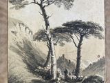 a drawing of a landscape with trees and sheep in the foreground