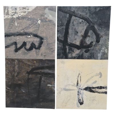 quatre photos différentes de graffitis sur un mur, avec une croix d'un côté et un poisson de l'autre