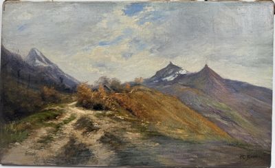 an image of a painting of a mountain scene with a dirt road