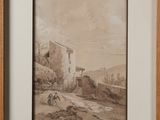 framed picture of a landscape with a house and a man in the foreground