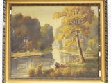 l'image d'une peinture représentant une rivière avec des arbres en arrière-plan