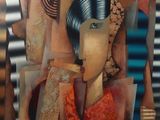 peinture abstraite représentant une femme tenant un couteau et une fourchette à la main