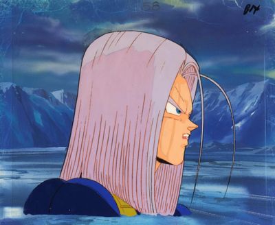 une image représentant un personnage de dessin animé dans l'eau, avec des montagnes en arrière-plan