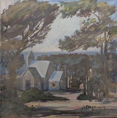 une peinture à l'huile représentant une église située dans un cadre boisé, entourée d'arbres