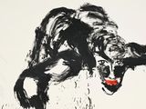 un tableau représentant un chien tenant une balle rouge dans la gueule