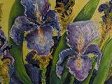 a painting of purple flowers in a vase on a table